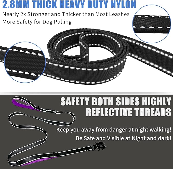 Strong Heavy Duty Dog Leash - 4ft Reflective Nylon Training Leash with Soft Padded Double Handle & Auto Lock Frog Clip - Safety Traffic Control for Large Medium Small Dog No Pull Walk Black Purple,4ft