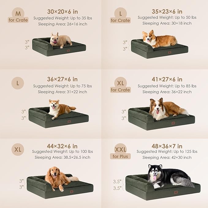 EHEYCIGA Memory Foam Dog Bed Large Sized Dogs, Pet Bed for Large Dog for Crate with Waterproof Liner, Pet Couch Bed Orthopedic with Washable Removable Cover, 35x22x6 Inches, Dark Green