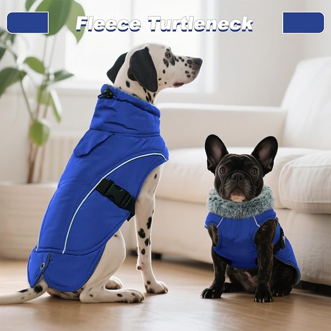 DENTRUN Winter Warm Dog Coat Reflective Jacket with Turtleneck for Cold Weather, Adjustable Buckle Windproof Water Repellent, Thick Snowsuit Fleece Vest for Small, Medium, Large Dogs, Blue, M