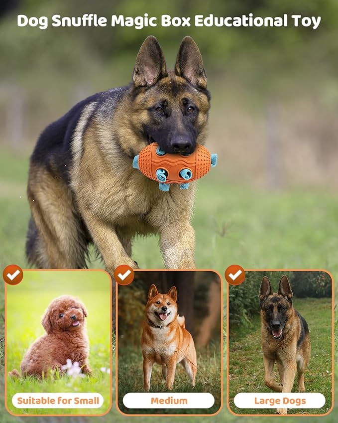 Interactive Dog Toy with Natural Rubber Soccer Design, Dental Care, Pet Energy Relief Brain Teaser Toy, Activity Training Foraging Toy, Mentally Stimulating Slow Feeder Dog Treat Dispenser Orange