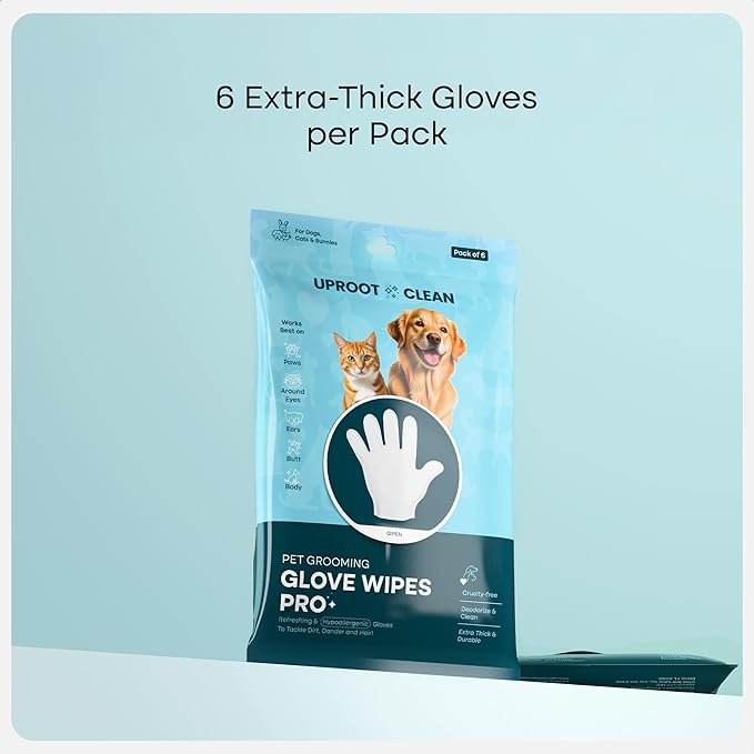 Uproot QuickClean Gloves Pro: 1 Month Supply - Extra-Thick Pet Glove Wipes for Dogs & Cats - Easy Wipe Paws, Eyes, Ears, Butt, & Body - Lick-Safe - Cleaning, Deodorizing & Grooming (6 Pack)