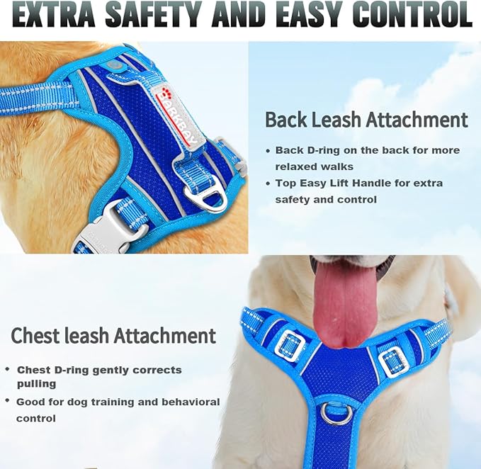 BARKBAY No Pull Dog Harness Large Reflective Dog Harness with Front Clip and Easy Control Handle for Walking Training Running with ID tag Pocket(Sapphire Blue & Blue,M)