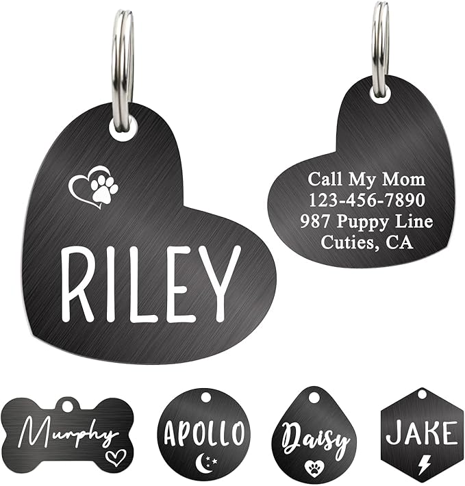 Ultra Joys Dog ID Tag, Custom Dog Tag Personalized Cat Tag, Pet ID Tag, Brushed Stainless Steel Heart Cat Tags Pet Tags Black Small