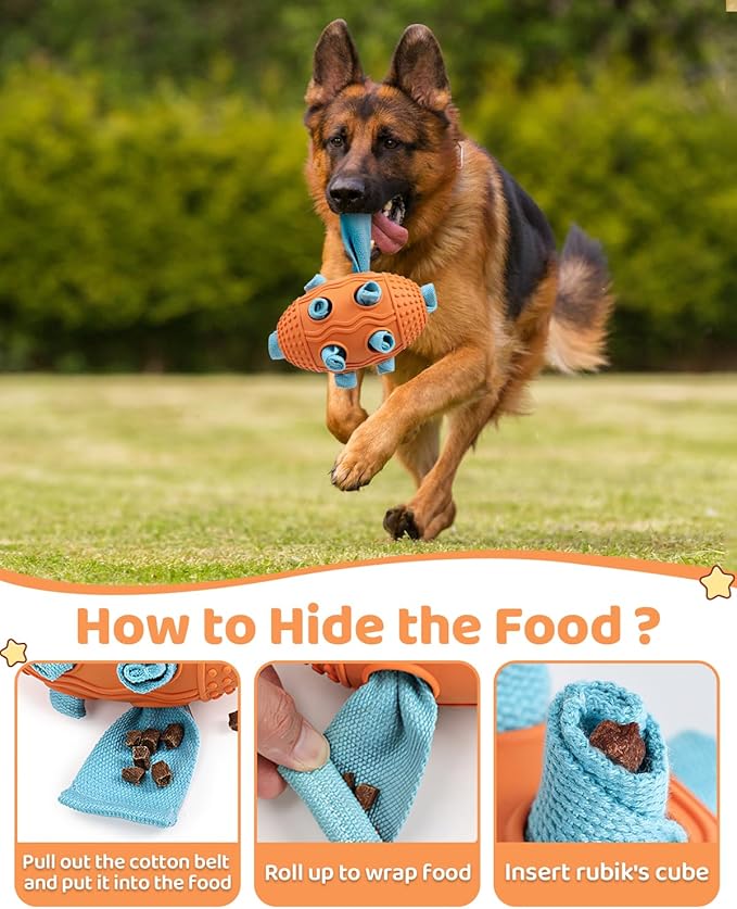 Interactive Dog Toy with Natural Rubber Soccer Design, Dental Care, Pet Energy Relief Brain Teaser Toy, Activity Training Foraging Toy, Mentally Stimulating Slow Feeder Dog Treat Dispenser Orange