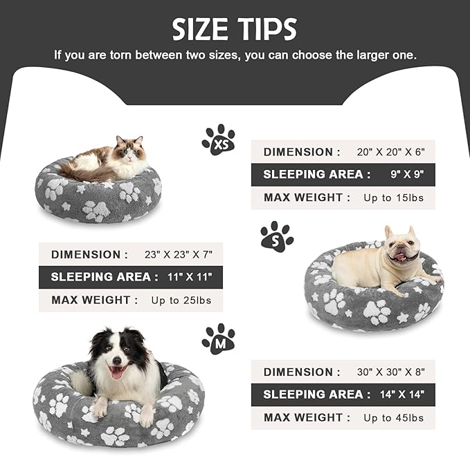 Donut Dog Beds for Small Dogs, Calming Round Cat Beds for Indoor Cats, Cute 3D Textured Paw Pet Bed with Removable Washable Cover and Anti-Slip Bottom（Grey，20"）