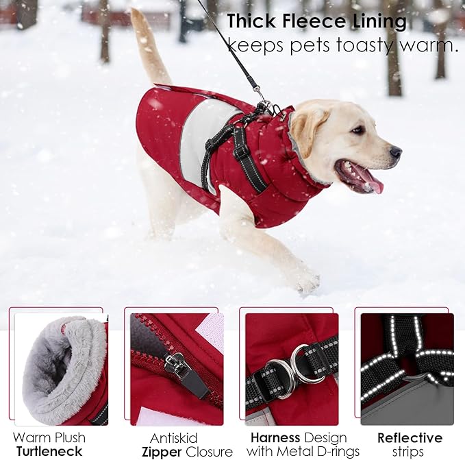 AOFITEE Dog Coat, Dog Christmas Sweater, Warm Dogs Winter Coat, Waterproof Dogs Jacket with Harness, Pet Puffer Jacket Snowsuit, Reflective Windproof Pet Sweater for Cold Weather, French Bulldog, L