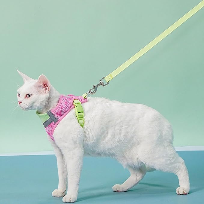 Cat Harness and Leash Set for Comfortable Outdoor Walking, Escape Proof, Adjustable Soft Kitten Vest Harness with Reflective Strip for Cats, Small Dogs (Pink Green, M)