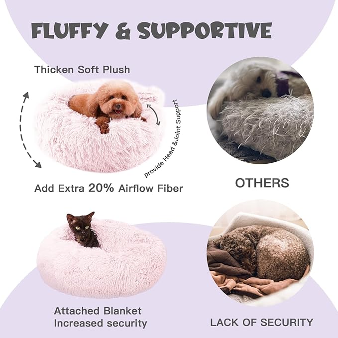 Himax Dog Bed for Medium Dogs, Pink Dogs Beds with Blanket Attached, Calming Anti-Anxiety Fluffy Dog Bed Washable (20"/26"/35")
