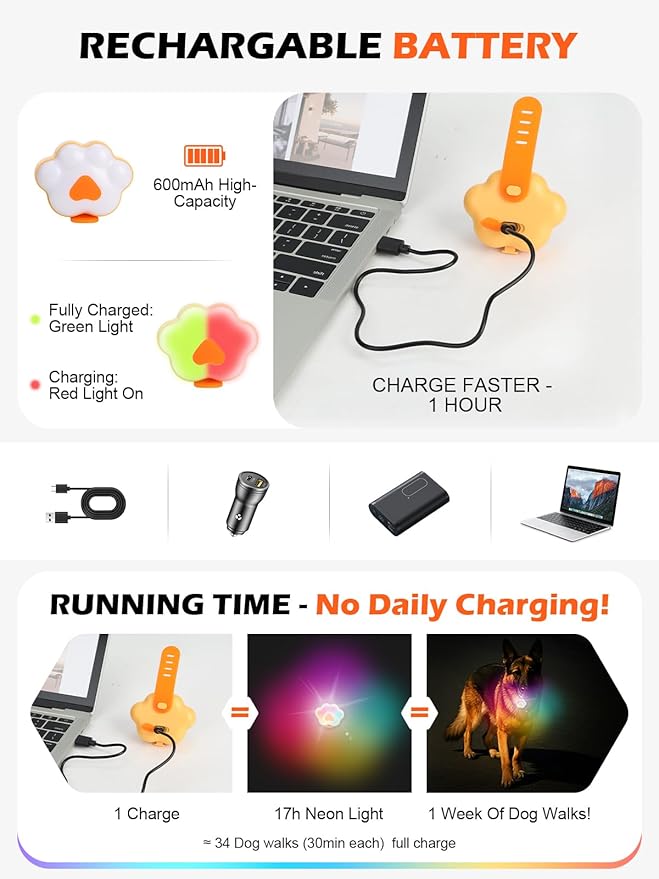 Lekebobor Light Up Dog Collar, 6 Modes Dog Lights for Night Walking, Rechargeable LED Pet Collar Light for Nighttime Clip on, IPX5 Waterproof Pet Walking Camping Accessories