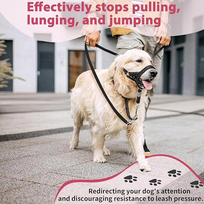 BARKLESS Sturdy No Pull Head Collar for Medium Large Dogs, Gentle Reflective Head Halter with Safety Link, Adjustable Nylon Dog Training Muzzle Leash for Walking Control (Hot Pink, M)