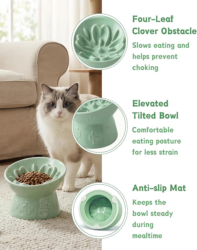 TRUVIC Ceramic Slow Feeder Cat Bowl, Elevated Cat Wet Food Bowl Tilted Design, Raised Slow Feeder Dog Bowl no Black Chin, Four-Leaf Clover Shape for Dry and Wet Food, Green