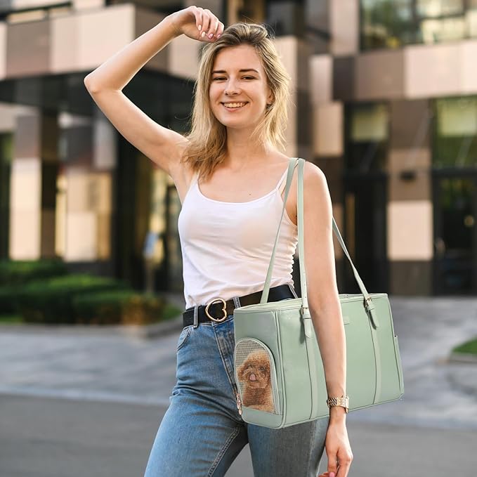 Lasaviin Fashion Dog Purse Pet Carrier Leather Bag for Small Dogs Cats Puppy, Portable Tote Bag Airline Approved Soft-Sided Carriers (Green)