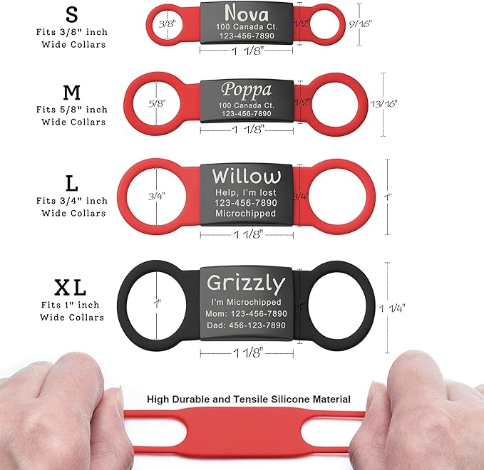 Anavia Slide On Silent Pet ID Tags, S/M/L/XL Personalized Black Stainless Steel Colored Silicone Cat Dog Name Tag, Customized Engraved Nameplate, Quiet Chew-Proof Pet Collar Tag (Blue, Large)