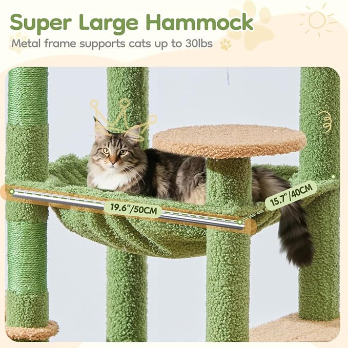 Taoqimiao 72 Inches Cat Tree for Large Cats, Multi-Level Tall Cat Tower, Widened Cat Condo with Large Scratch Board, 5 Scratching Posts, Metal Hammcock, Cozy Basket, Cactus, MS045T