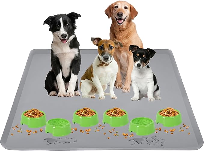 TidyFriend Pet Food Mat - 30 x 36”, Pet Tray for Food and Water, Dog Food Mats, Silicone Cat Food Mat, Non Slip Pet Food Mat Large, Dog Bowl Mat Waterproof, Pet Supplies (Light Grey)