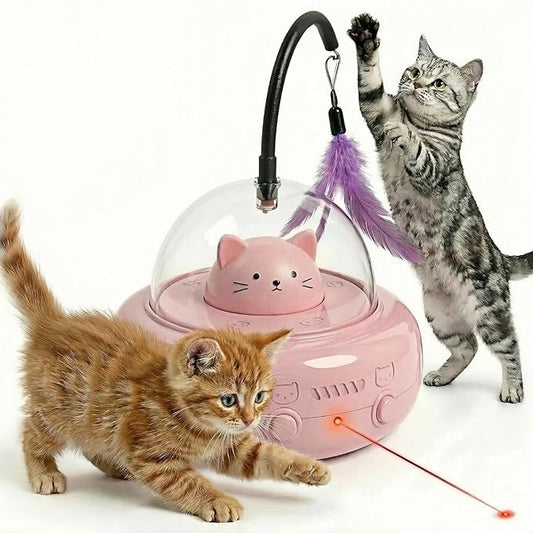 2-in-1 UFO Cat Toys for Indoor Cats with Laser & Feather, 360°Smart Obstacle Avoidance Automatic Cat Toy, USB Rechargeable Electronic Kitten Toys, Auto Play & Sleep Mode Fun Self-Play Cat Gift