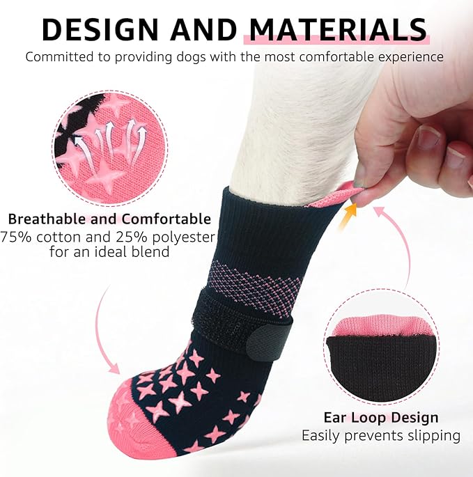 SCENEREAL Anti Slip Dog Socks to Prevent Licking Paws, Dog Booties & Paw Protectors for Hot Pavement Hardwood Floors, Traction Control for Small Medium Large Senior Dogs, Pink L