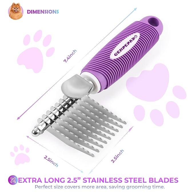 Dematting Undercoat Rake Comb for Dogs & Cats with Long 2.5-In Stainless Steel Safety Blades for Removing Knots, Mats & Tangles - Pet Grooming Deshedding Brush Tool with Anti-Slip Grip