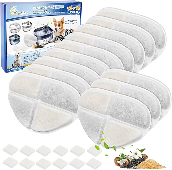 Cunina 12 Pack Filter & 12 Pump Sponges Dog Water Bowl Filter Compatible with FEELNEEDY Dog Fountain 7L/1.8Gal(FN-W05), 12+12 Cat Drinking Fountain Filters Fit for Pet Automatic Water Dispenser