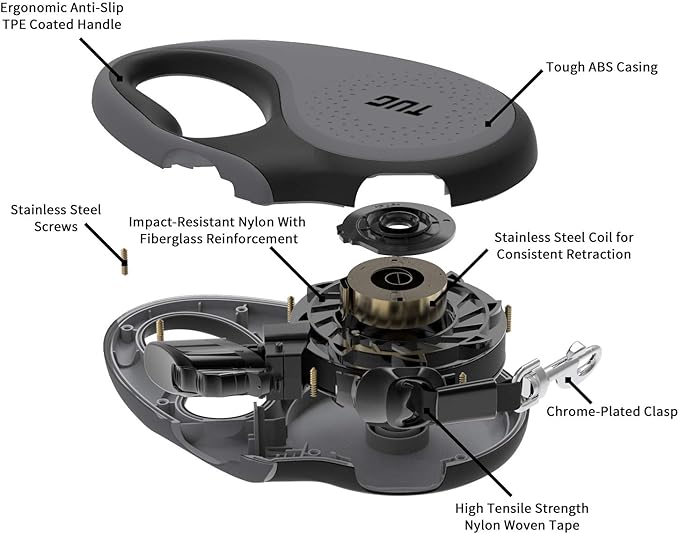 TUG 360° Tangle-Free Retractable Dog Leash with Anti-Slip Handle | 16 ft Strong Nylon Tape | One-Handed Brake, Pause, Lock (Small, Grey)
