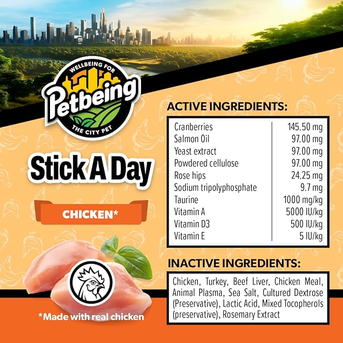 PETBEING Stick a Day Cats | Specially Formulated 7-in-1 Functions Daily Real Meat Supplement for Cats | Cat Chew Stick & Pet Vitamins Supplements Combination (7-Pack x 4, Chicken)