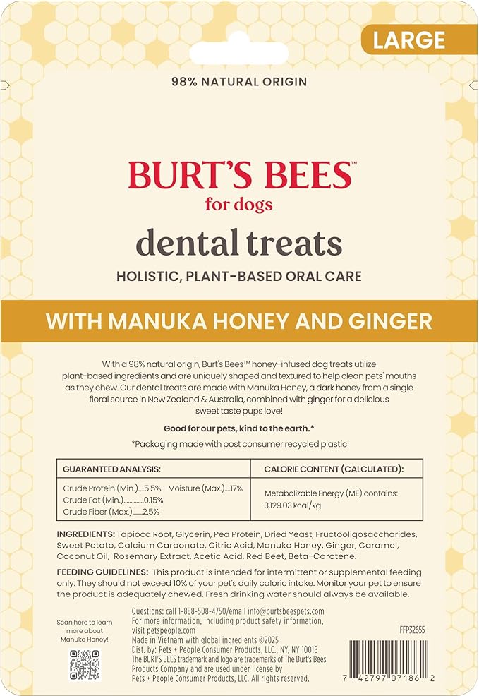BURT'S BEES FOR PETS Dental Treats for Dogs with Manuka Honey & Ginger, Holistic, Plant-Based Oral Care, 98% Natural Origin Formulas, Sweet Potato Flavor, Dog Treats Medium Dogs, Sz Md/Lg 5ct, 7 oz