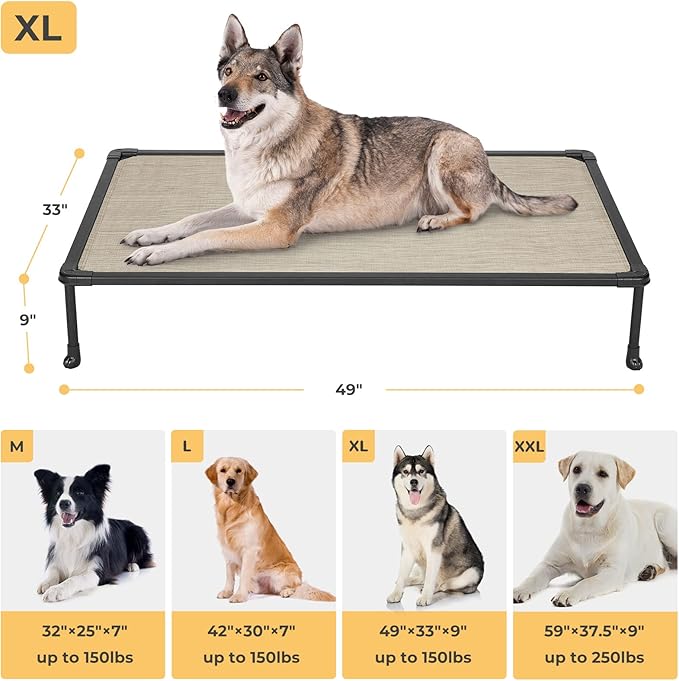 Veehoo Chewproof Elevated Dog Bed - Cooling Raised Pet Cot, Breathable Mesh, Washable & Non-Slip for Large Dogs, Indoor/Outdoor, Beige Coffee Mat and Black Frame, 49x33inches (Model CWC2203A03)