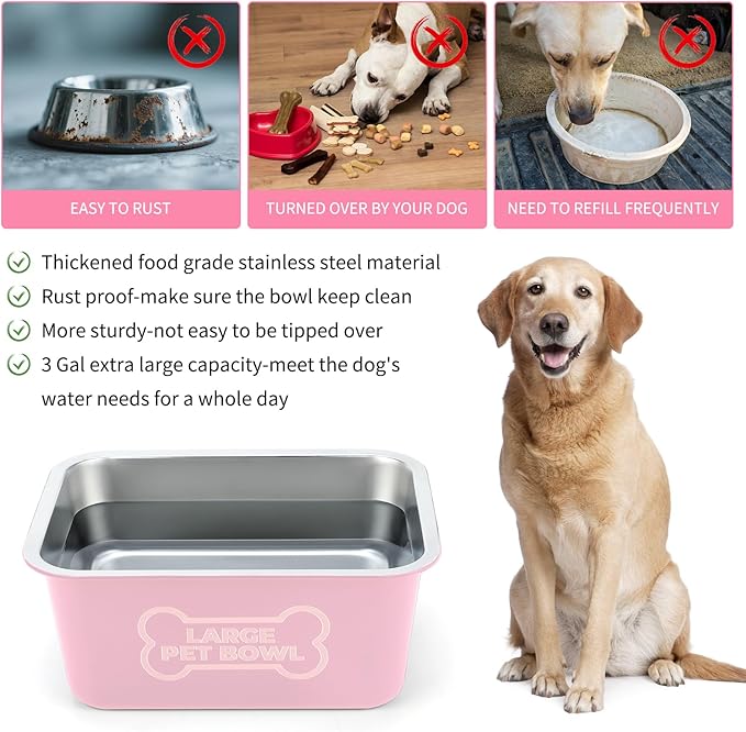 Bwogue 3 Gallons Extra Large Dog Water Bowl for Large Breed, Durable Stainless Steel Dog Bowl High Capacity Pet Water and Food Bowls for Dogs, 1 Pack
