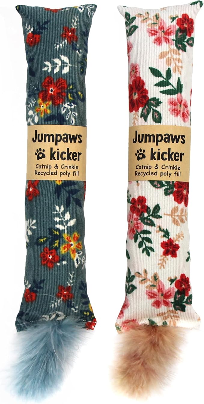 Jumpaws 2 Pack Natural Interactive Catnip & Silvervine Cat Kicker with Feathers, Bite Resistant Chew Toy, Crinkle Kicker, Accessories for Indoor Cat, Premium Corduroy Floral