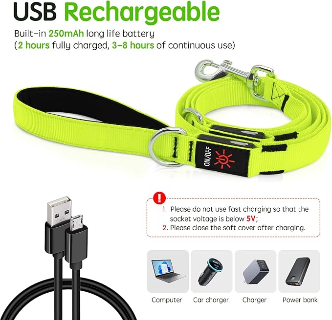 Dlitk Light Up Dog Leash, 6 Ft LED Leashes Rechargeable, Nylon Reflective Lead with Padded Handle for Night Walking, Safety Glow Lights for Large Medium Small Dogs(Green, 6 Ft)