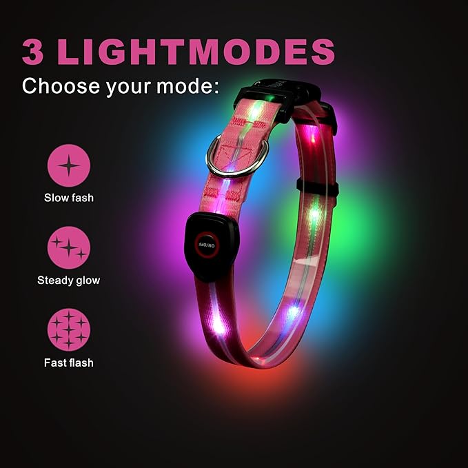 Light up Dog Collars, LED Dog Collar, Lighted Safety Collar for Walking at Night for Small Medium, Large Dogs (Cute Pink)