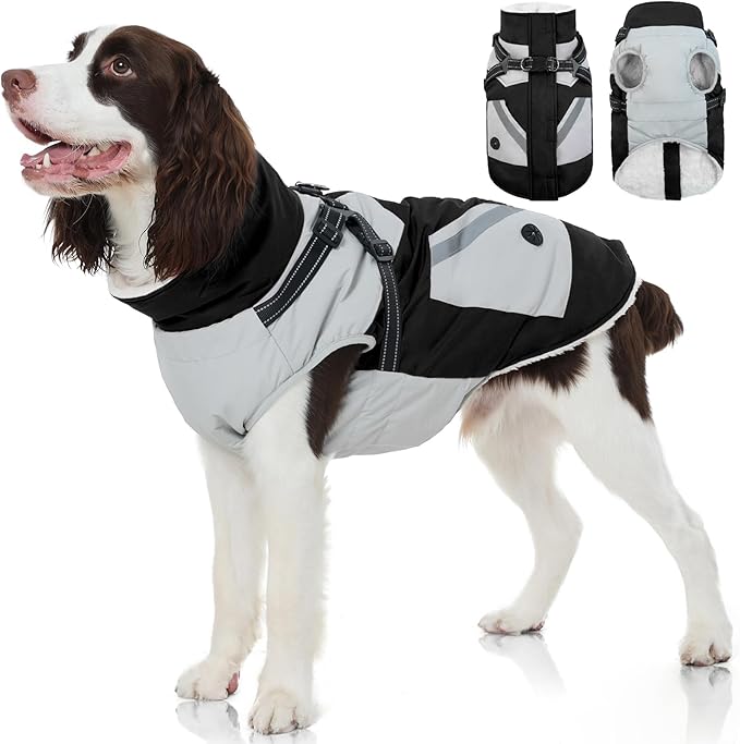 FUAMEY Dog Winter Jackets for Large Dogs,Dog Coat with Harness Built in,Waterproof Dogs Snowsuits Warm Pet Jacket Zip Up Fleece Cold Weather Coats Reflective Puppy Vest with Pocket Black XL