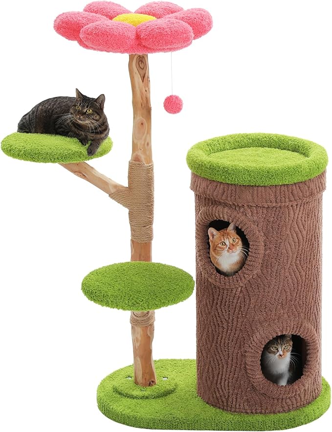 PETEPELA Wood Cat Tree for Large Cats with Flower Perch, 53.5" Modern Cat Tower with Solid Wood Scratching Posts & 2 Spacious Condos, Forest Themed Heavy Duty Cat Furniture for Multi-Cat Household