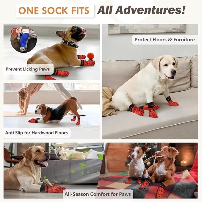 Non Slip Dog Socks to Prevent Licking Paws Grippy Socks for Senior Dog on Hardwood Floors Anti Slip Dog Socks for Christmas Holiday Double Side Paw Protector Prevent Scratching Red S