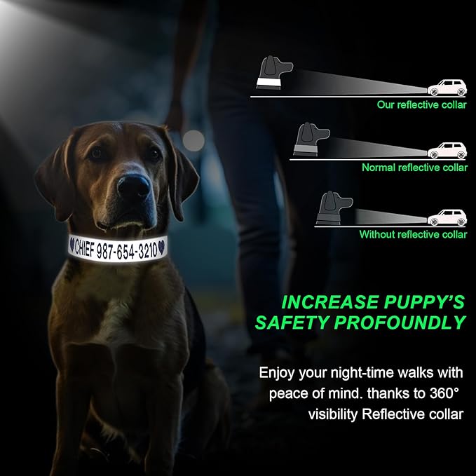 Personalized Reflective Dog Collar Embroidered with Pet Name and Phone Number - Metal Buckle Adjustable Custom Dog Collars in Pink, Blue, Black for Medium Dogs, Boys and Girls Puppy