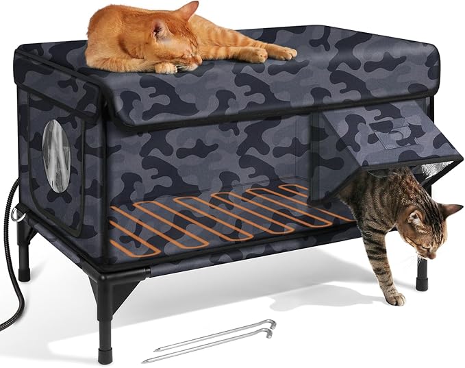 Outdoor Heated Cat House in Winter,Extremely Insulated & Weatherproof,Elevated Feral Cat Shelter with Waterproof Eaves & Escape Door for Outside Stray Barn Cat (Dark Camo,M)