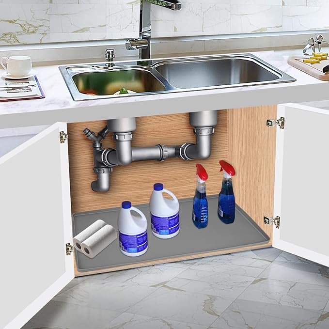 Under Sink Mat for Kitchen Waterproof, 19" x 19" Silicone Under Sink Liner Kitchen & Bathroom Cabinet Protector Mats, Heavy Duty Flexible Under Sink Drip Tray with Lip, Cool Grey