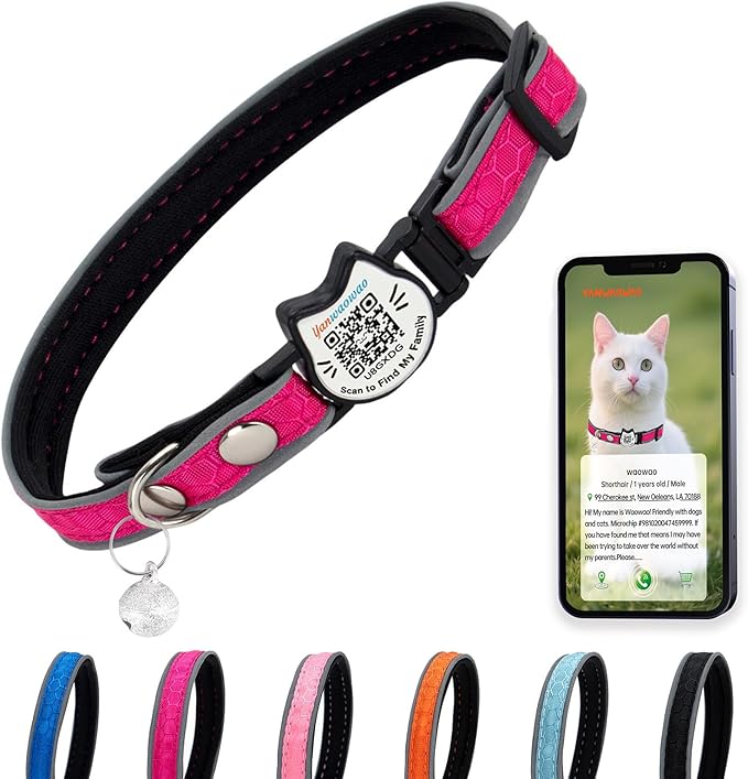 Cat Collar with Bells Reflective Cat Collars Breakaway with Oxford Cloth Soft Padding Adjustable Kitten Collar with QR Code（Hotpink）