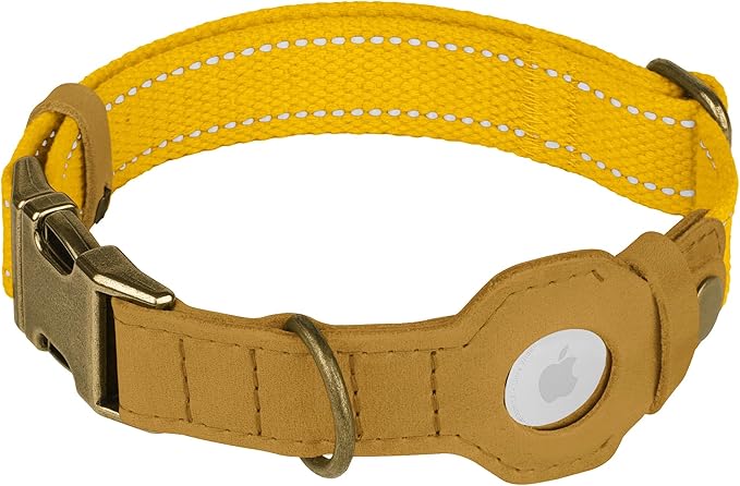 Reflective Leather Dog Collar with AirTag Holder - Soft Apple Airtag Dog Collar with Metal Buckle - Safety Cotton Pet Collars for Dogs Small Large Dogs Puppy (Yellow, S, 12"-15")