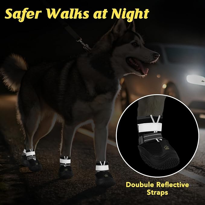 LUCKYPAW Dog Shoes for Large Medium Dogs, Breathable Dog Boots for Hot Pavement, Paw Protectors for Summer Walking Hiking Winter Snow Outdoor, Non Slip Reflective Booties for Hardwood Floor (Black, 4)