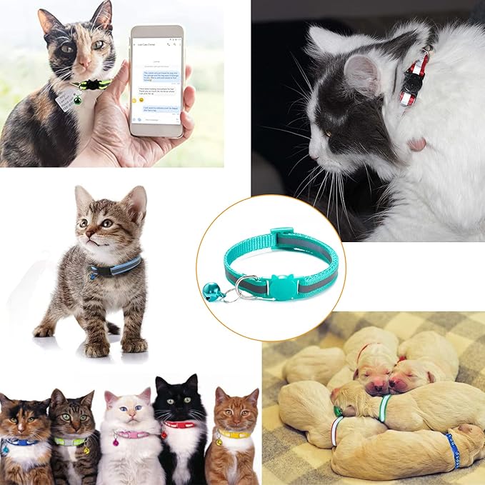 18Pcs Reflective Puppy Collars, Cat ID Collars with Bell Adjustable 19-32cm, Soft Nylon Adjustable Breakaway Identification Collars for Puppy Kittens