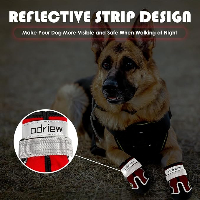 ODRIEW Dog Shoes Large Size Dogs, Medium Dog Booties-Dog Boots & Paw Protectors, 4PCS Small Shoes for Dogs with Reflective Strip, Anti-Slip Sole for Hot Pavement, Rain Snow Walking, Hiking. (Red, 5)