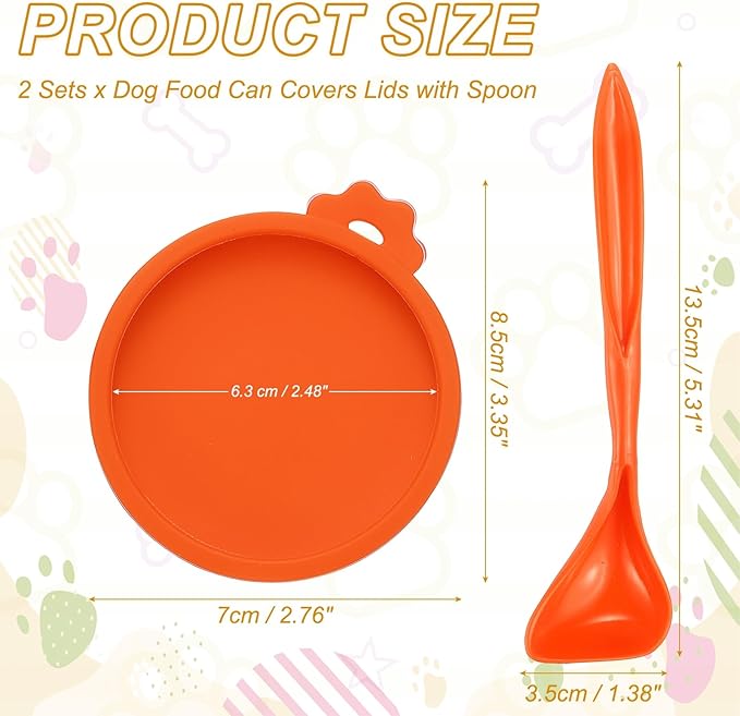 PETAXCELL Cat Food Can Covers Lids, Dog Food Can Lids with Spoons Silicone Toppers Reusable 3 Inch, (Orange, 2Sets), Intended for Dog/Cat/Pet Food