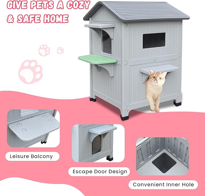 Plastic 2 Story Outdoor Cat House with Soft Mat,Cat House for Outdoor Cats with Escape Door, Waterproof Outside Cat Shelter, Clean and Assemble Easily
