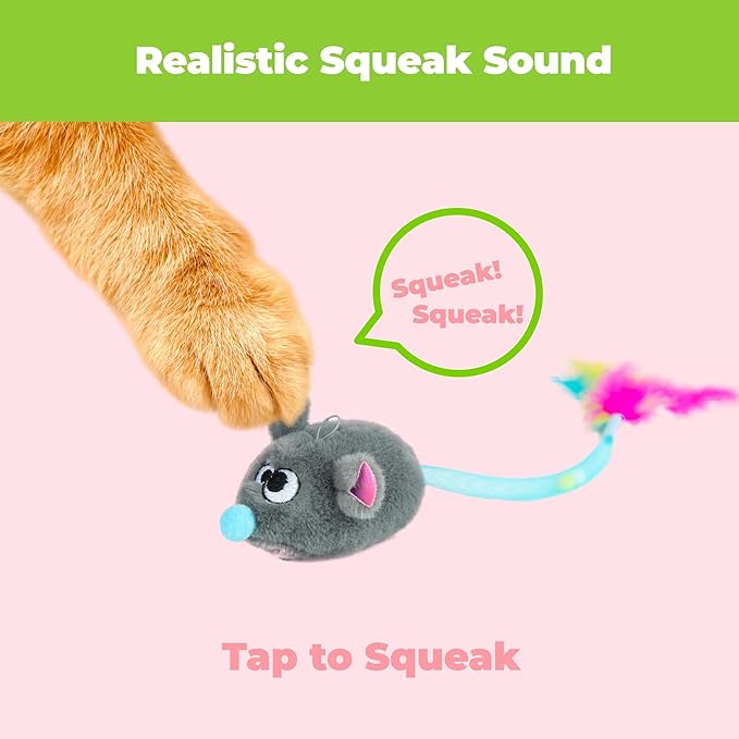 Catify Best Pet Supplies Interactive Squeak Mice – Tap-Activated Realistic Mouse Cat Toy, Catnip-Infused, Elastic Mesh & Feathered Tail with Realistic Squeaks for Indoor Cats & Kittens - Beige & Gray