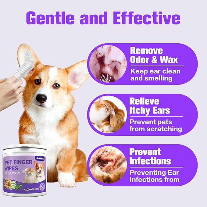 Dog Ear Finger Wipes,Gently Remove Ear Wax & Dirt,Relieve Ear Itching. All Natural Ingredients Dog Ear Wipes.Safe & Gentle Ear Wipes for Dog & Cat - 50 Count