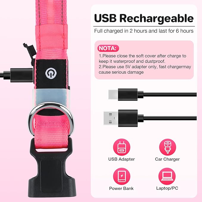 Fiveda Light Up Dog Collar, USB Rechargeable 6 Modes, Waterproof Charging Port, Long Lasting LED Collar - Adjustable Nylon Reflective for Dogs, Sizes S/M/L (7/9/11 Lights) -Pink, S