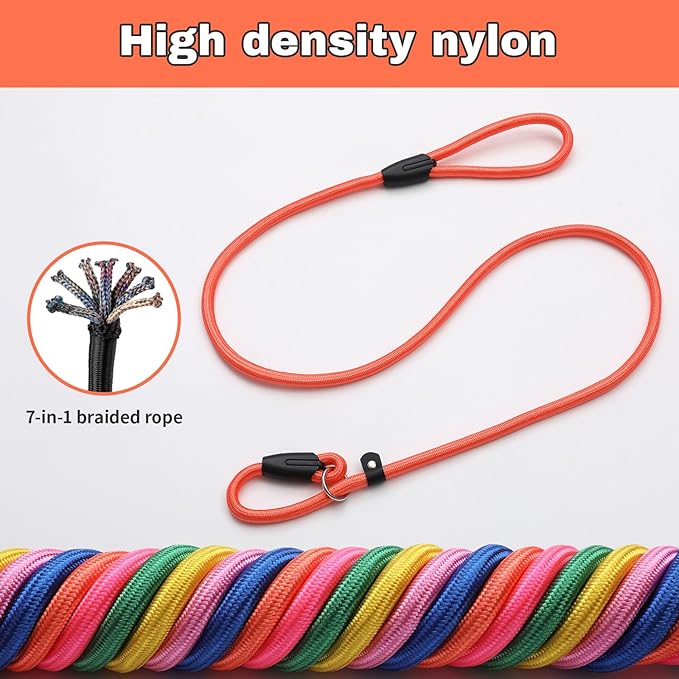 3-Pack Adjustable Dog Slip Leads Pink/Light Blue/Orange - Super-Strong, Easy On/Off, No Collar Needed, Standalone Use, Eye-Catching for Walking/Training