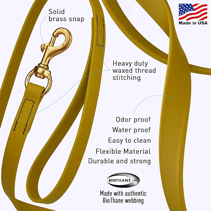 Viper Biothane K9 Working Dog Leash Waterproof Lead for Tracking Training Schutzhund Odor-Proof Long Line with Solid Brass Snap for Puppy Medium and Large Dogs, 20ft Treasure Gold