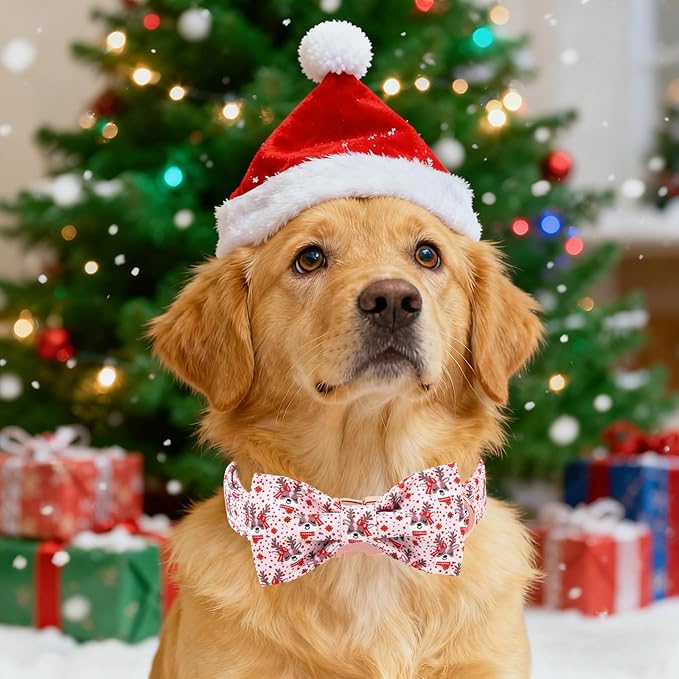 Unique Style Paws Christmas Dog Collar with Bow Red Pink Elk Cotton Puppy Collars for Small Medium Large Dogs